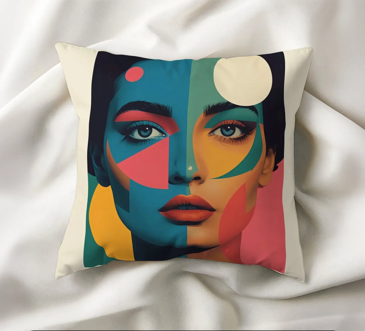 Ritratto di donna geometrica moderna con schema di colori diviso cuscino da DesignDoodle