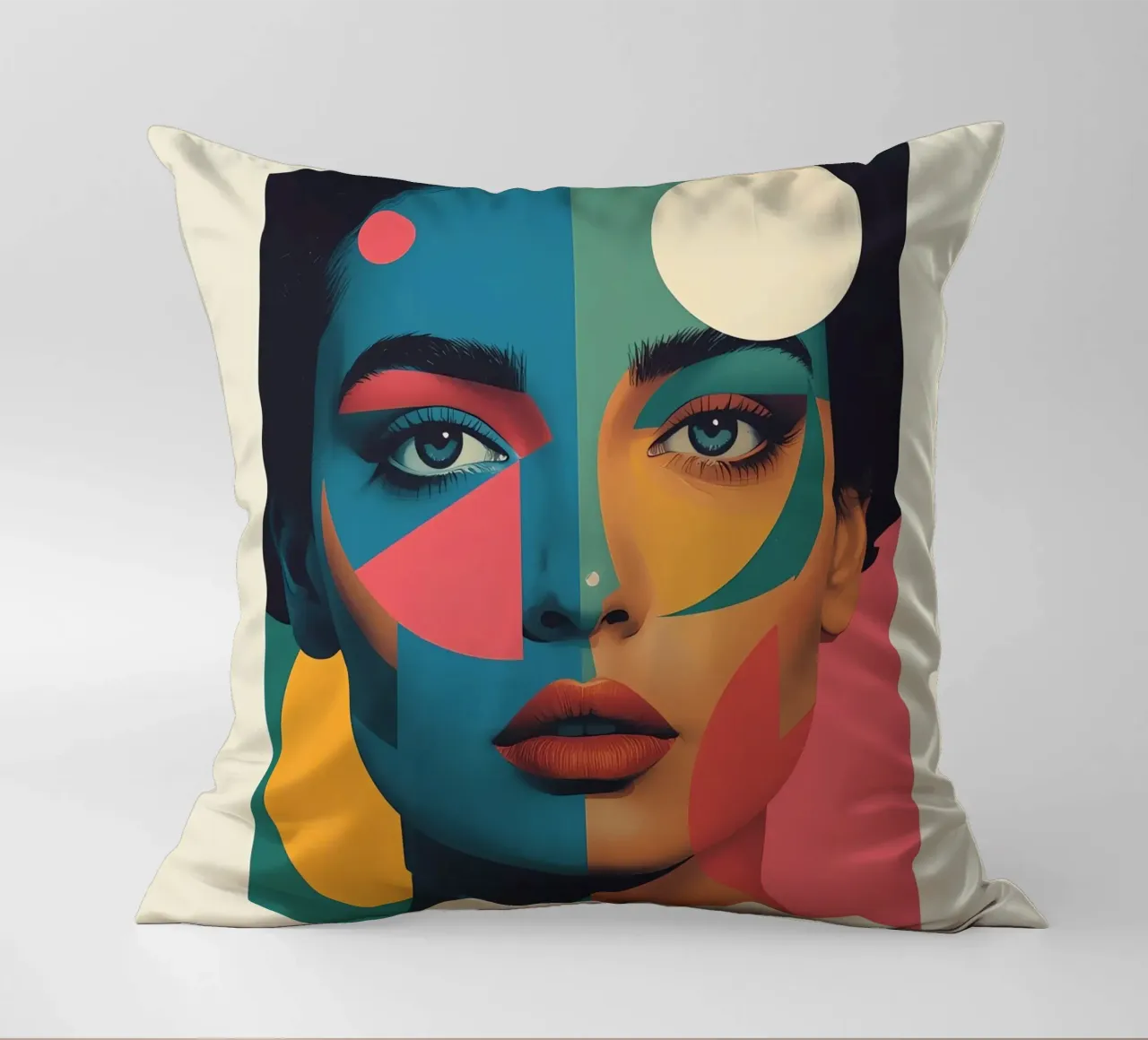 Ritratto di donna geometrica moderna con schema di colori diviso cuscino da DesignDoodle