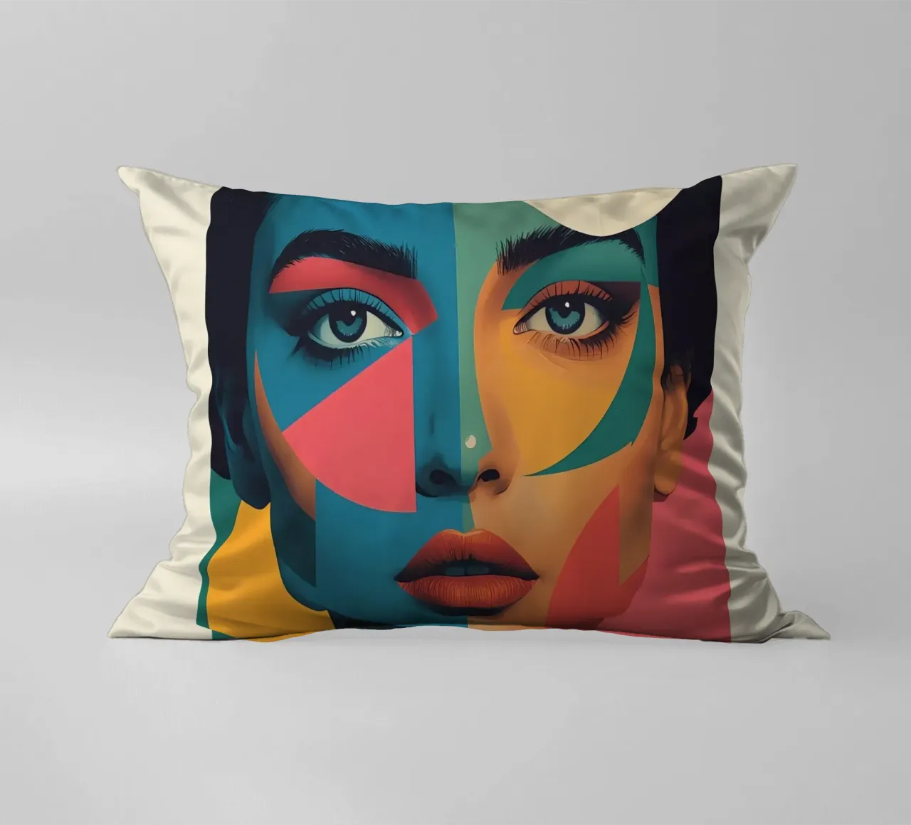 Ritratto di donna geometrica moderna con schema di colori diviso cuscino da DesignDoodle