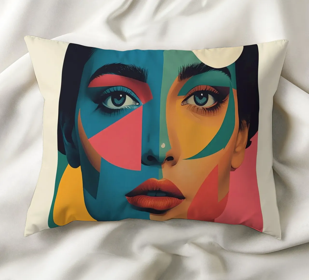 Ritratto di donna geometrica moderna con schema di colori diviso cuscino da DesignDoodle