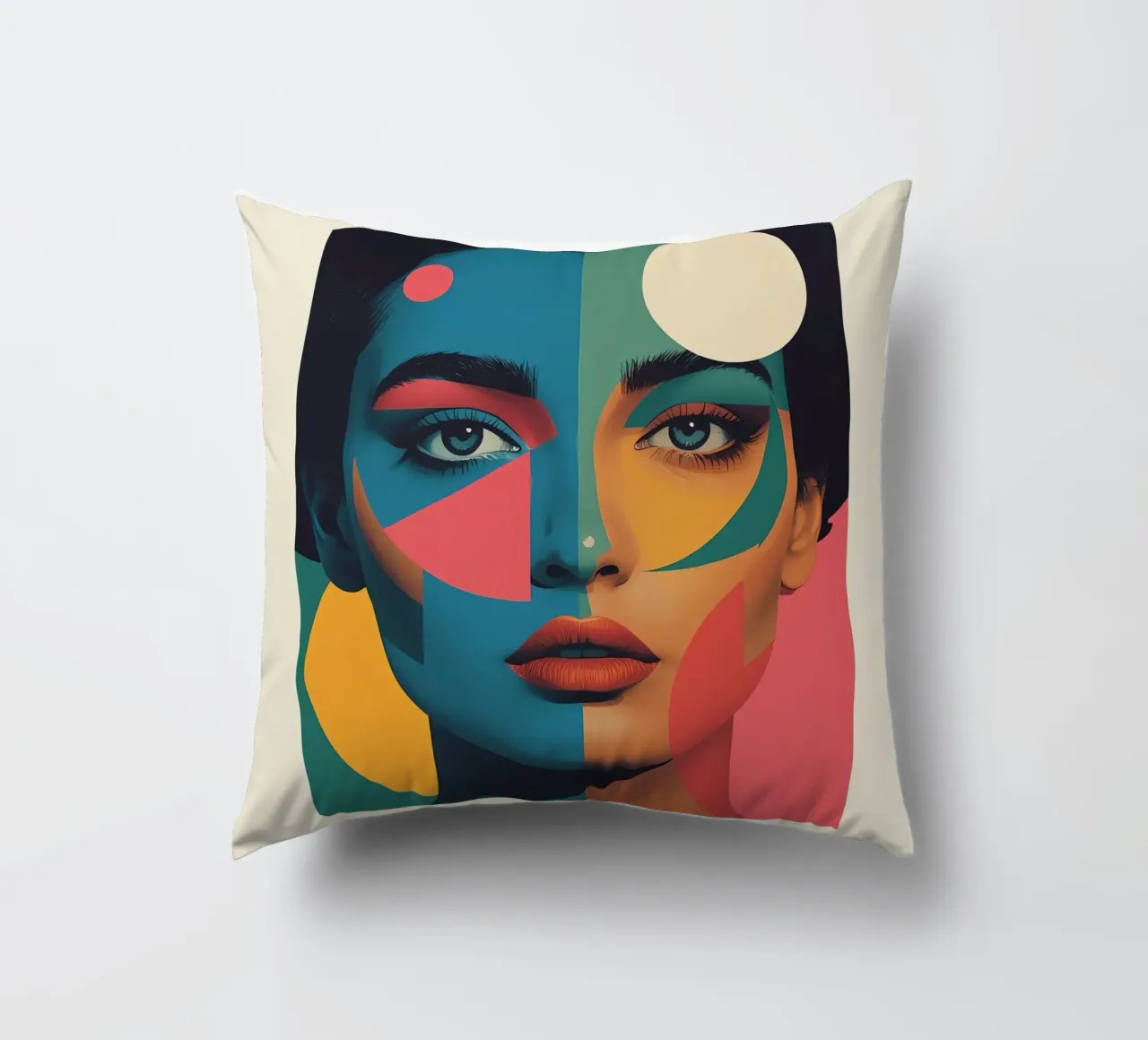 Ritratto di donna geometrica moderna con schema di colori diviso cuscino da DesignDoodle