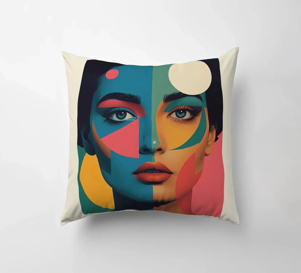 Ritratto di donna geometrica moderna con schema di colori diviso cuscino da DesignDoodle