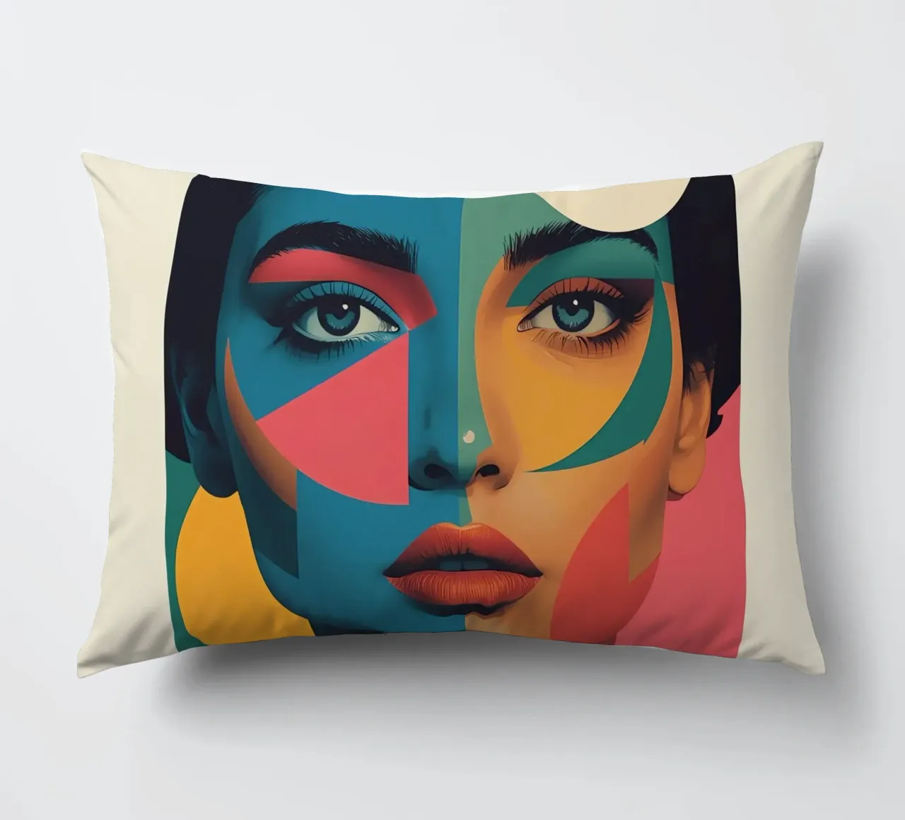 Ritratto di donna geometrica moderna con schema di colori diviso cuscino da DesignDoodle