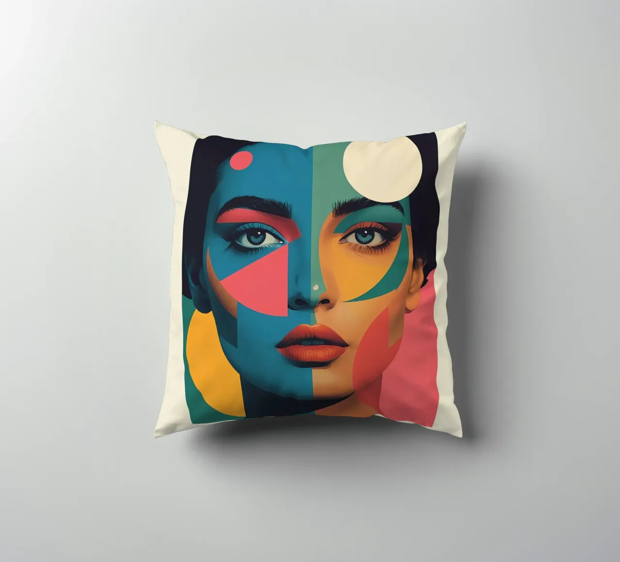 Ritratto di donna geometrica moderna con schema di colori diviso cuscino da DesignDoodle