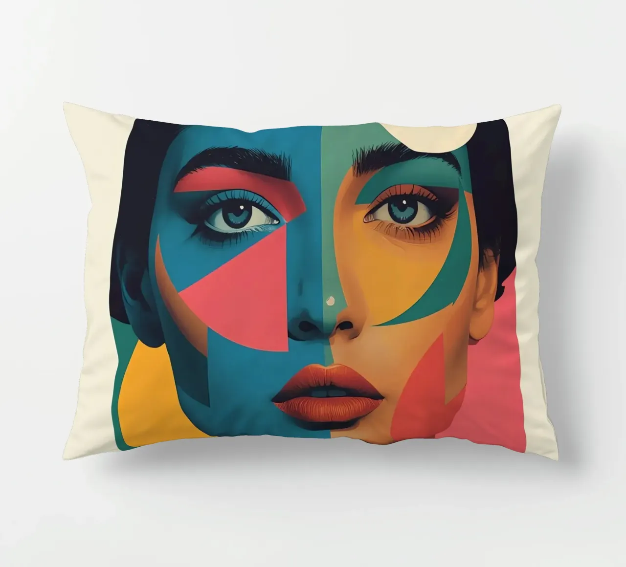 Ritratto di donna geometrica moderna con schema di colori diviso cuscino da DesignDoodle