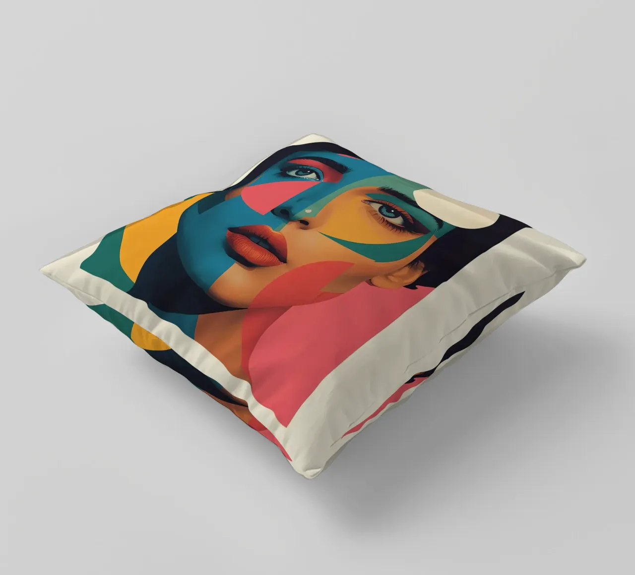 Ritratto di donna geometrica moderna con schema di colori diviso cuscino da DesignDoodle