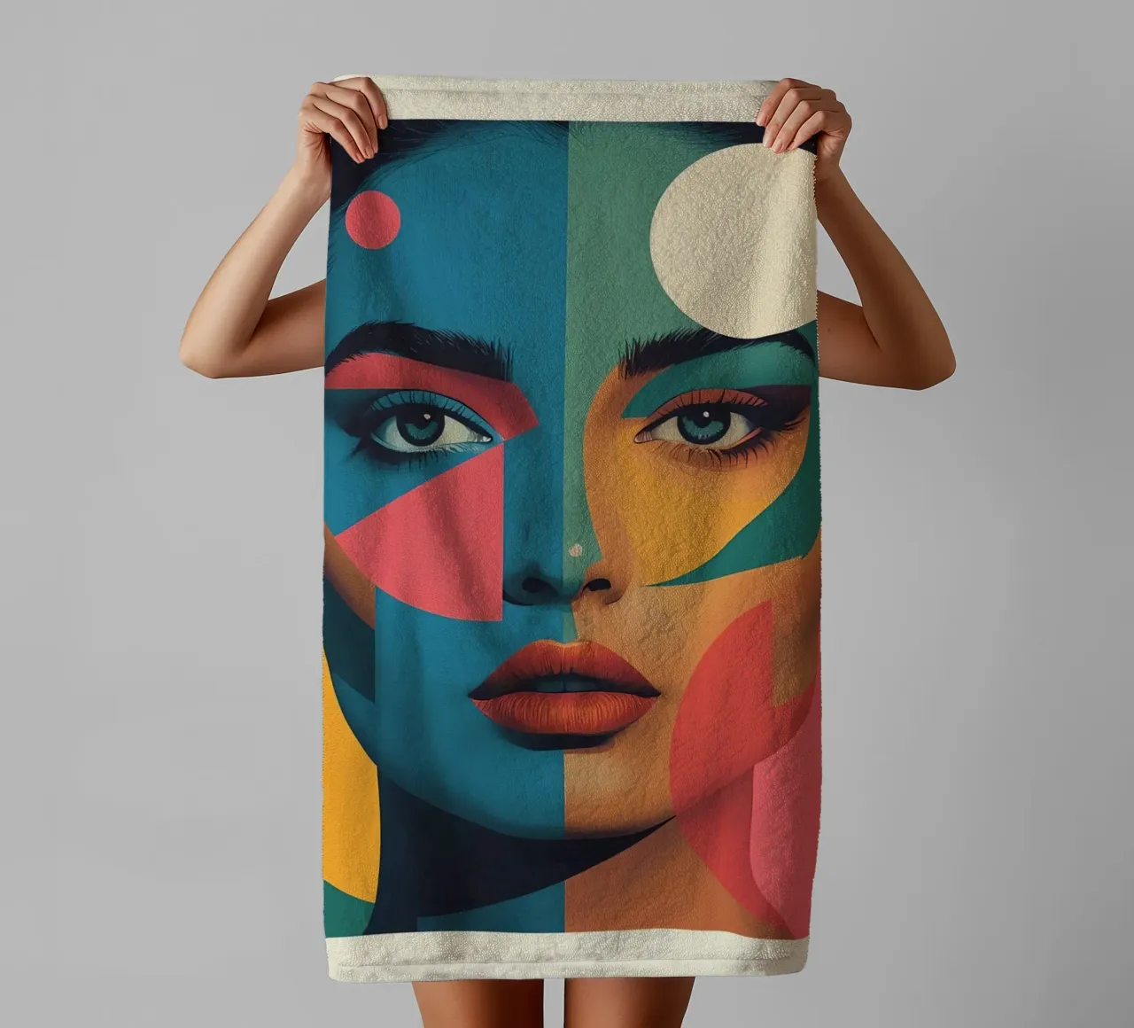 Ritratto di donna geometrica moderna con schema di colori diviso asciugamano da bagno da DesignDoodle