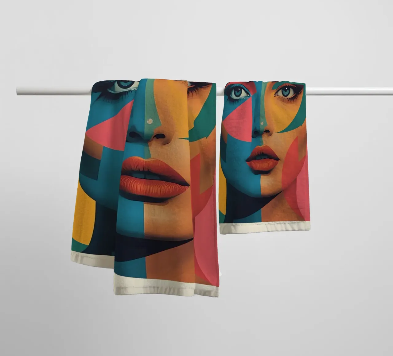 Ritratto di donna geometrica moderna con schema di colori diviso asciugamano da bagno da DesignDoodle