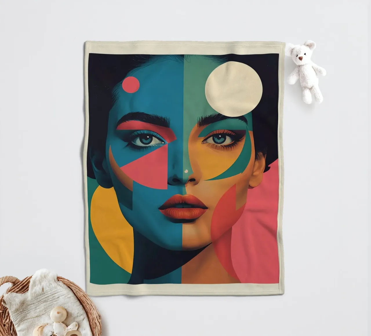 Ritratto di donna geometrica moderna con schema di colori diviso coperta in pile da DesignDoodle