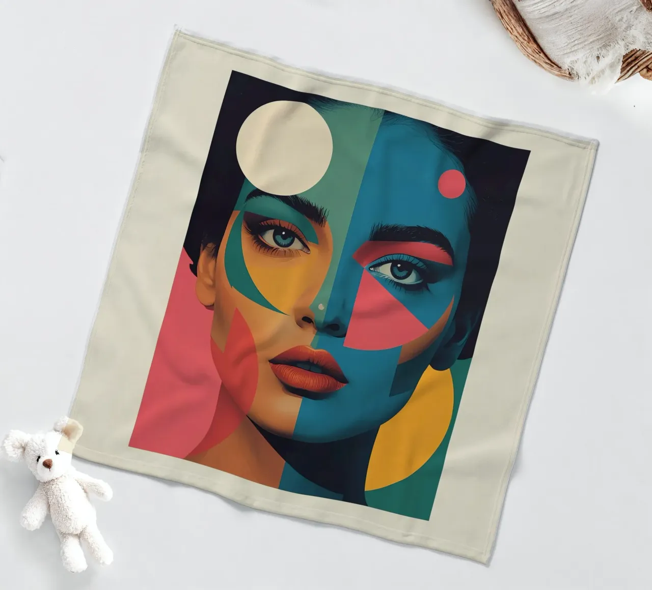 Ritratto di donna geometrica moderna con schema di colori diviso coperta in pile da DesignDoodle