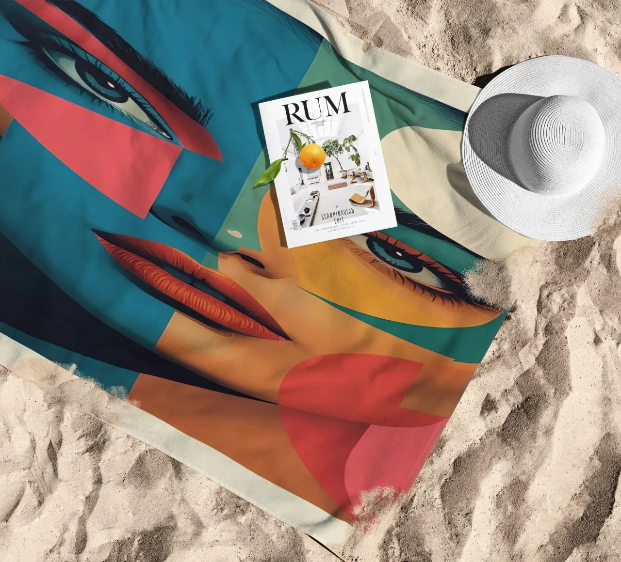 Ritratto di donna geometrica moderna con schema di colori diviso telo mare da DesignDoodle