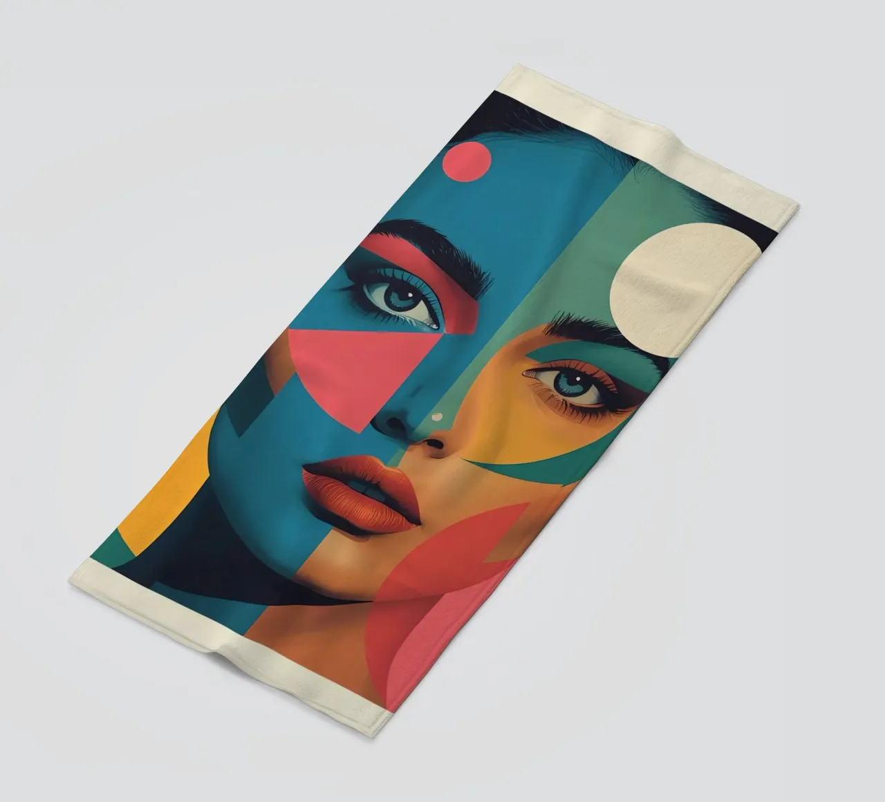 Ritratto di donna geometrica moderna con schema di colori diviso telo mare da DesignDoodle