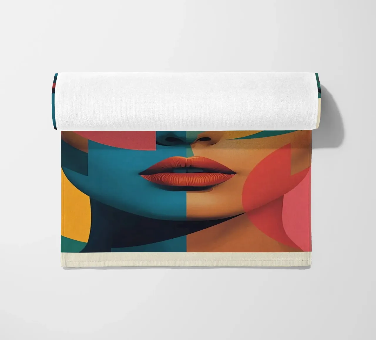 Ritratto di donna geometrica moderna con schema di colori diviso telo mare da DesignDoodle