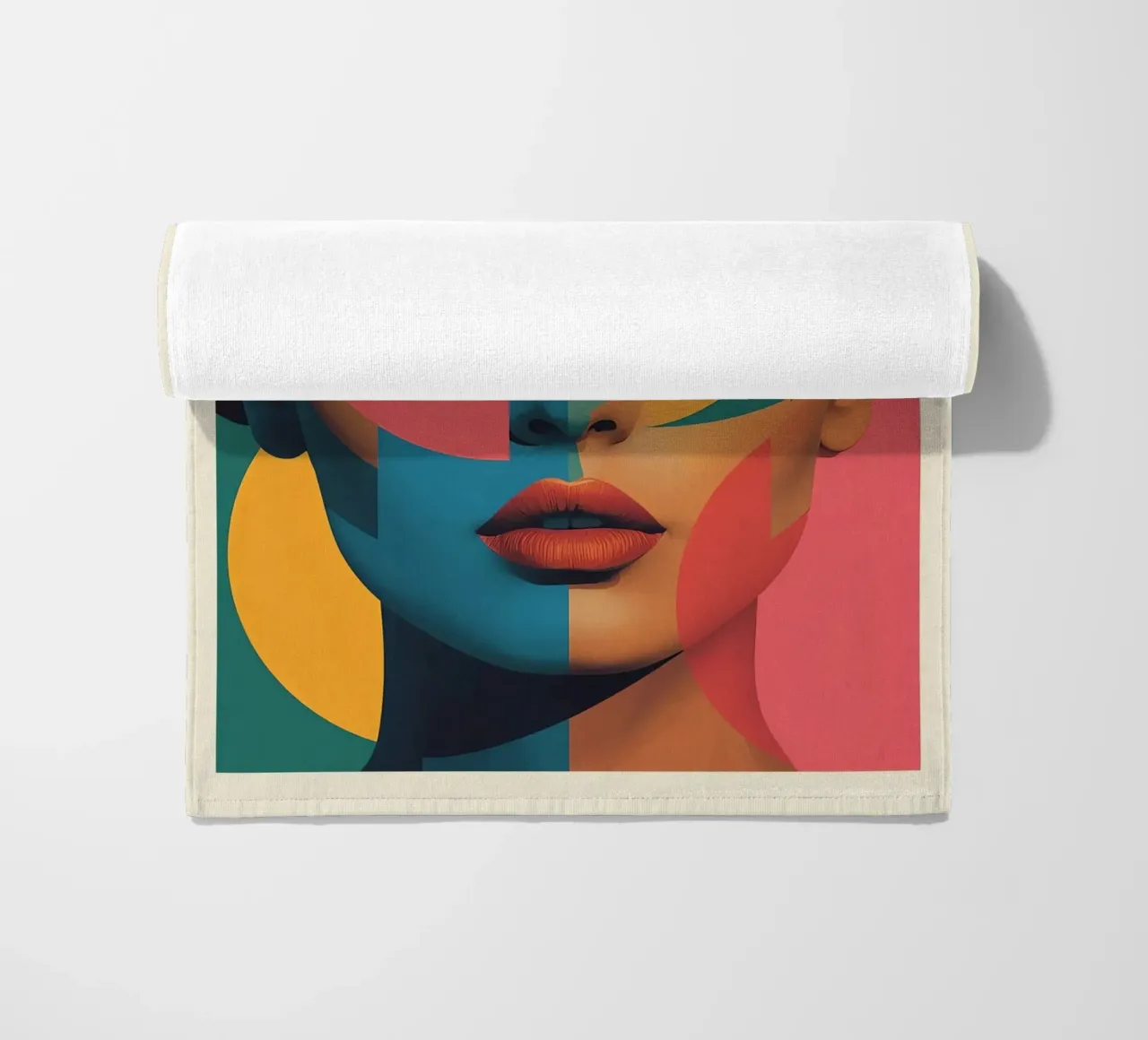 Ritratto di donna geometrica moderna con schema di colori diviso telo mare da DesignDoodle