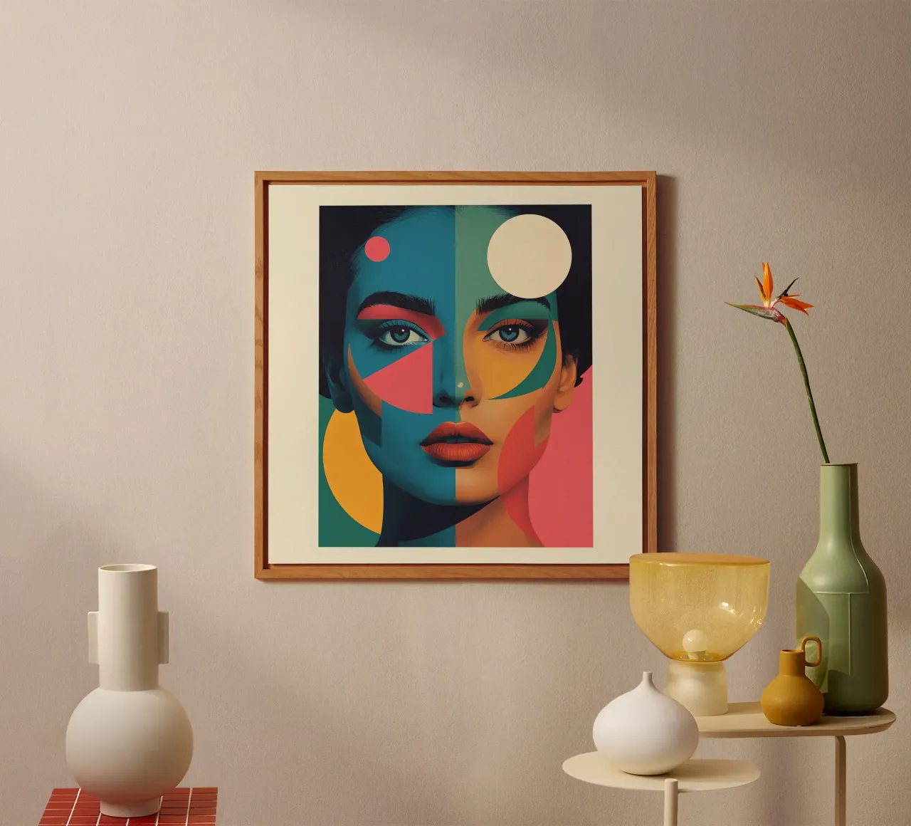 Ritratto di donna geometrica moderna con schema di colori diviso alluminio dibond da DesignDoodle