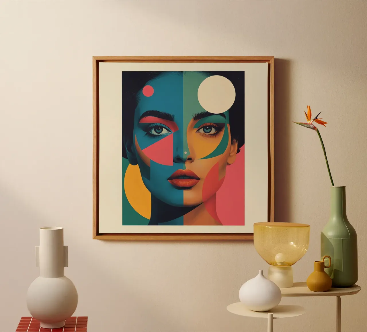 Ritratto di donna geometrica moderna con schema di colori diviso tela con Cornice a cassetta da DesignDoodle