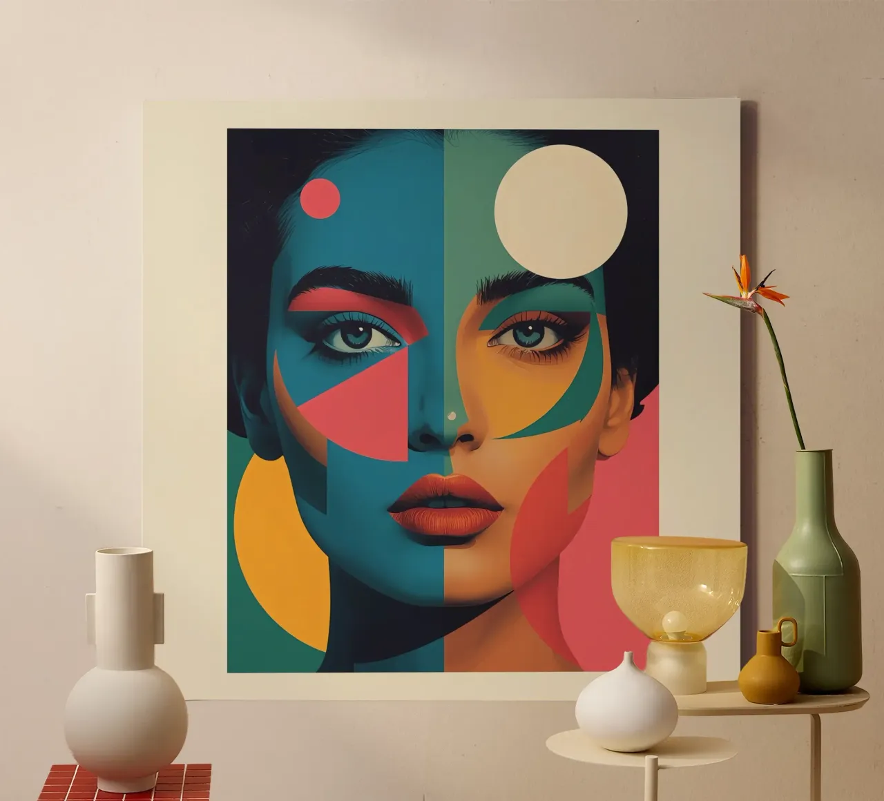 Ritratto di donna geometrica moderna con schema di colori diviso tela con Cornice a cassetta da DesignDoodle