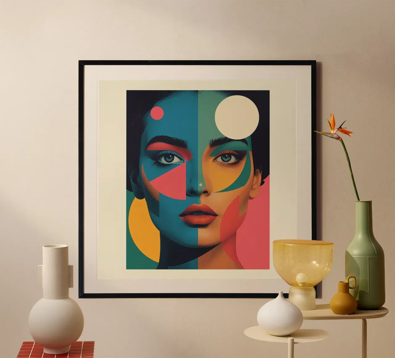 Ritratto di donna geometrica moderna con schema di colori diviso poster con telaio in alluminio da DesignDoodle