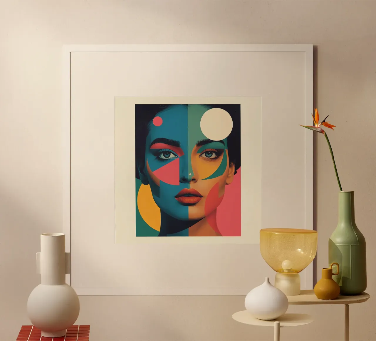 Ritratto di donna geometrica moderna con schema di colori diviso poster con telaio in alluminio da DesignDoodle