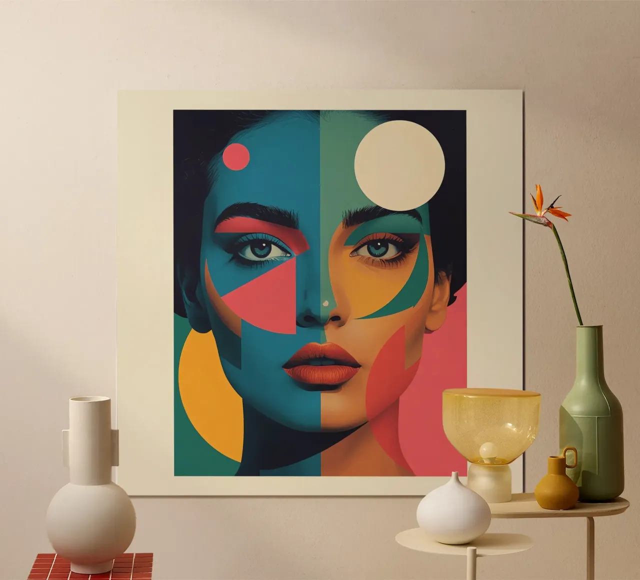 Ritratto di donna geometrica moderna con schema di colori diviso poster con telaio in alluminio da DesignDoodle