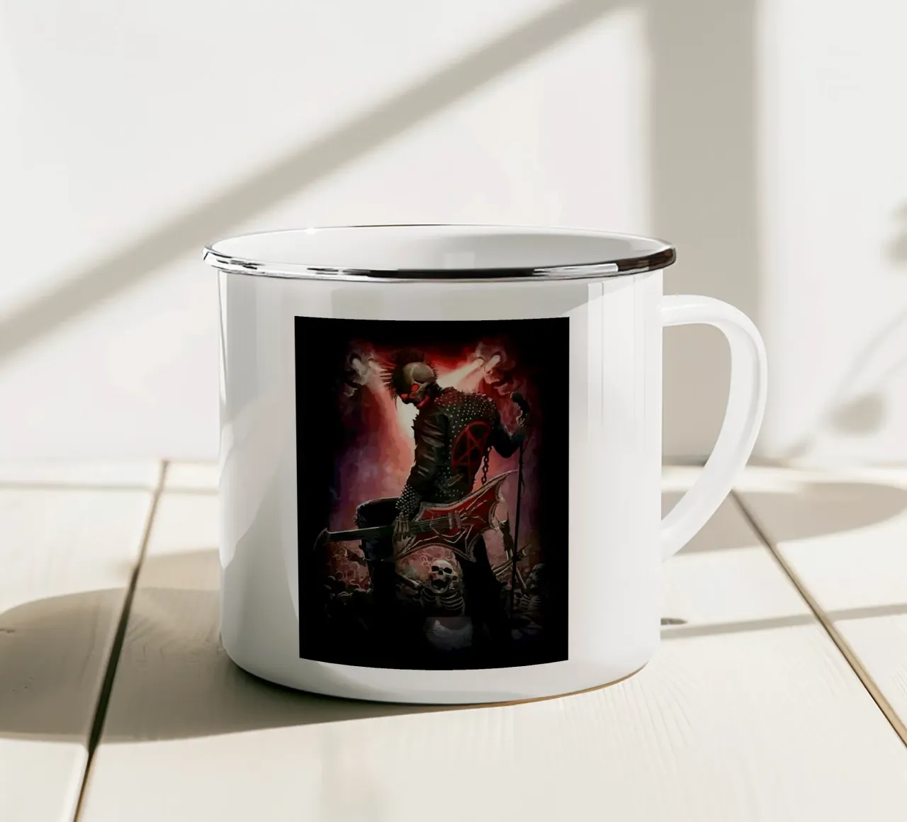 teschio con chitarra in mano tazza in smalto da rock music