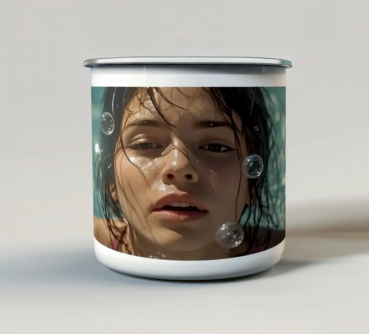 Ragazza in piscina con gocce d'acqua tazza in smalto da DesignDoodle