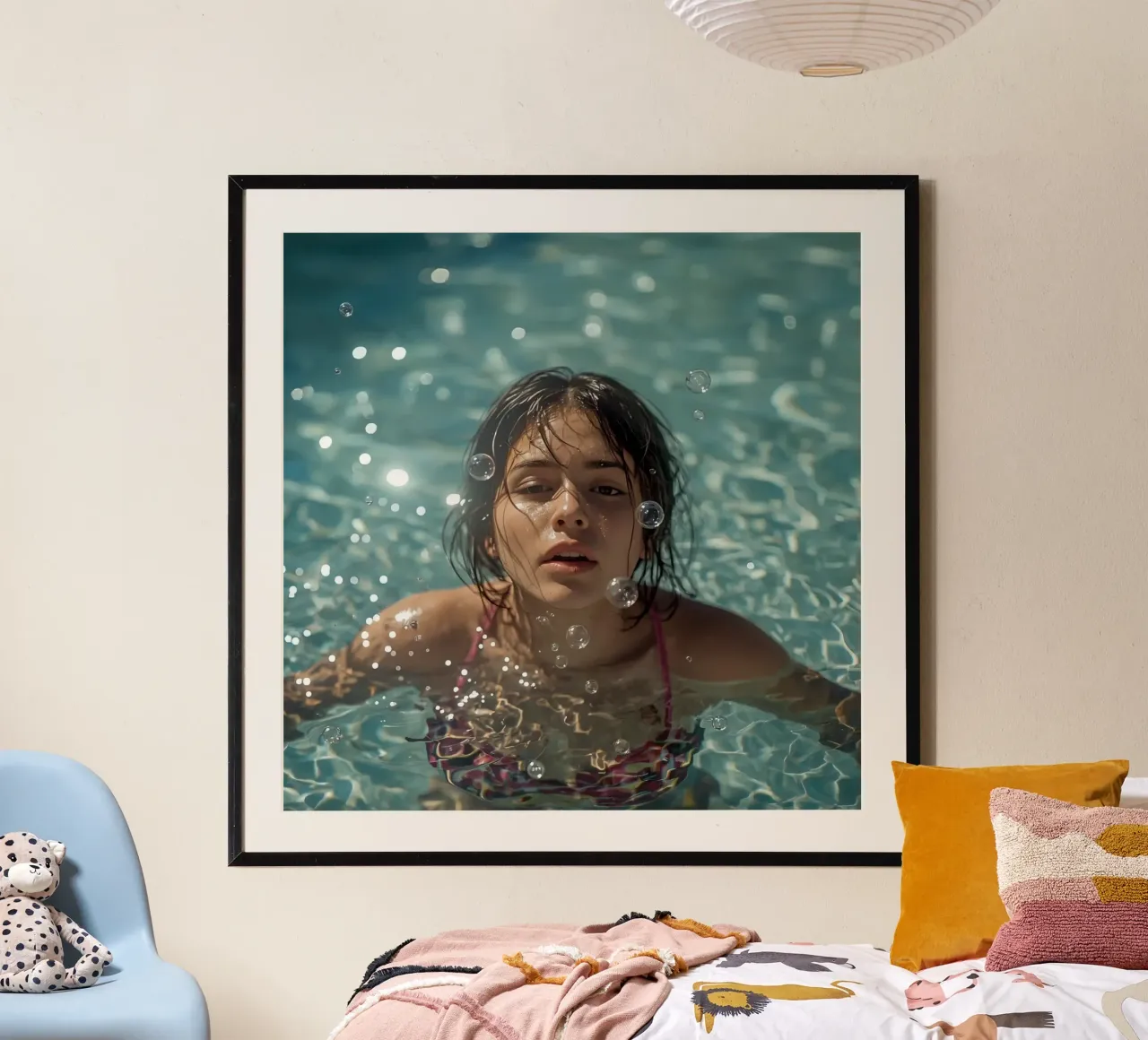 Ragazza in piscina con gocce d'acqua poster con telaio in alluminio da DesignDoodle