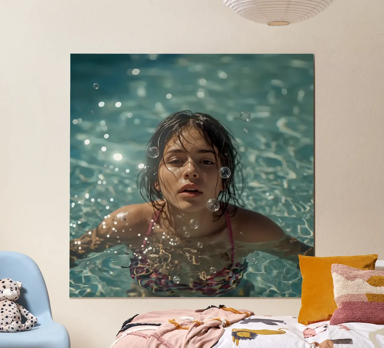 Ragazza in piscina con gocce d'acqua poster con telaio in alluminio da DesignDoodle