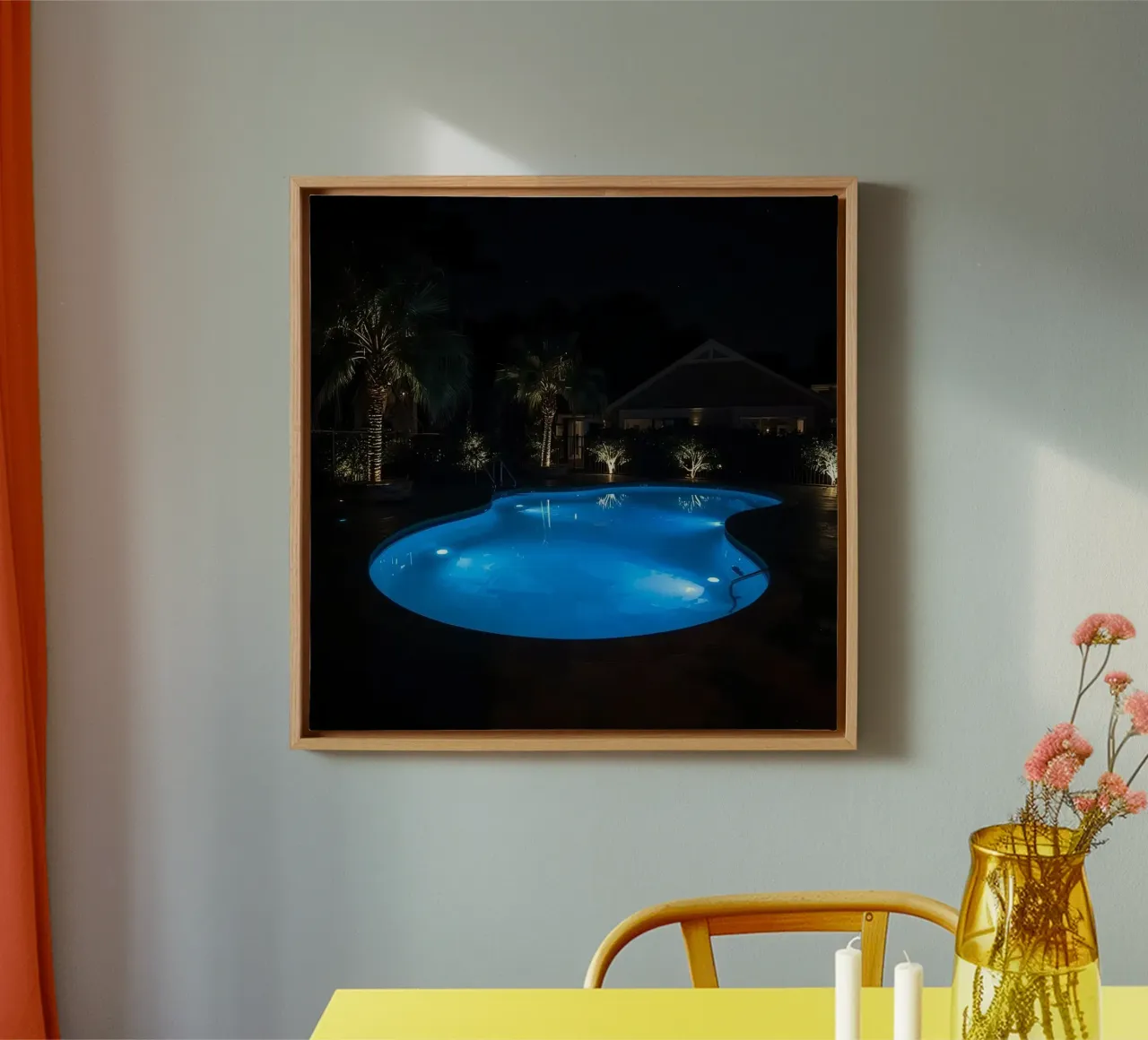 Illuminated Swimming Pool at Night with Palm Trees and House canvas with Floater frame by DesignDoodle