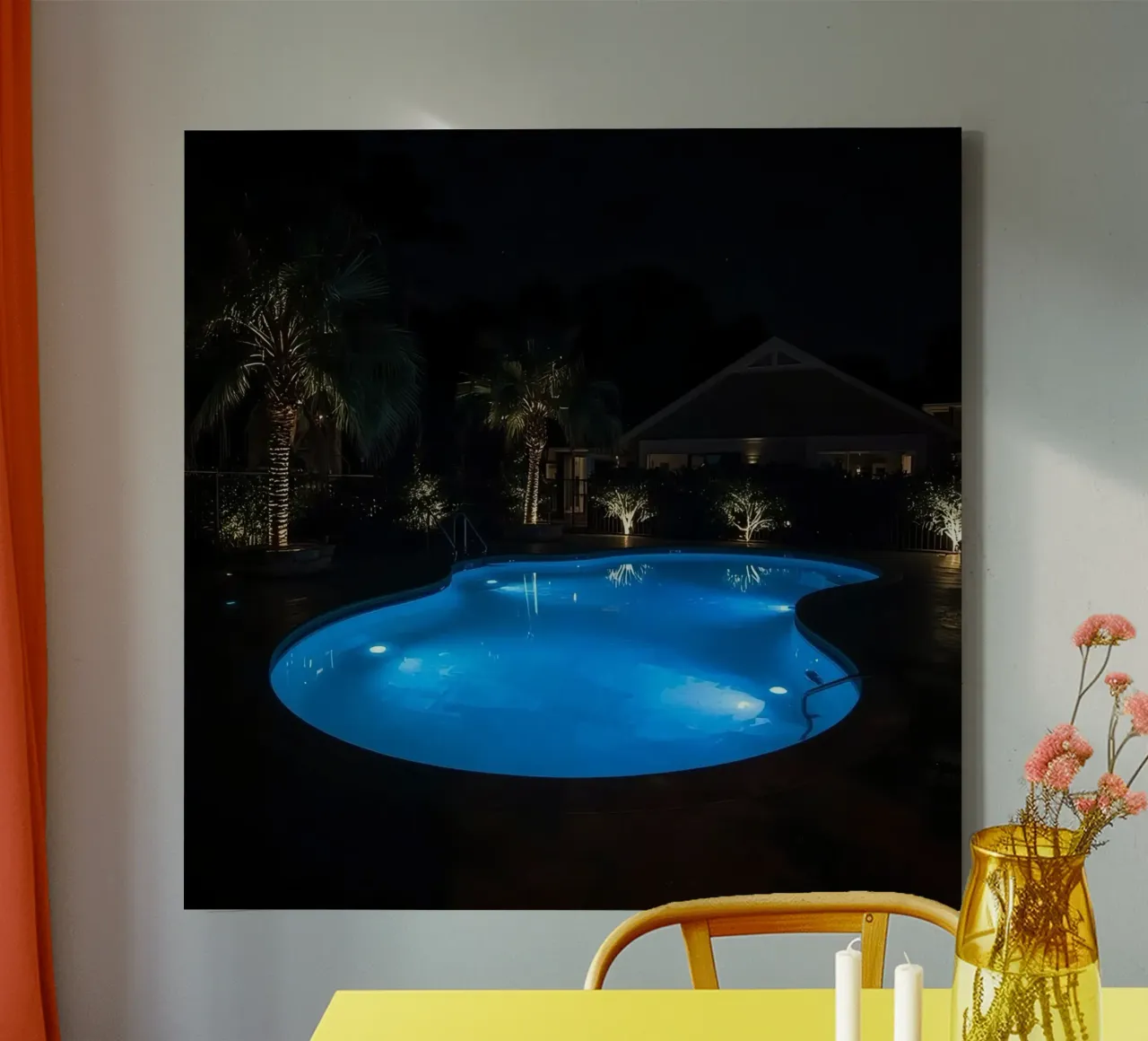 Illuminated Swimming Pool at Night with Palm Trees and House canvas with Floater frame by DesignDoodle
