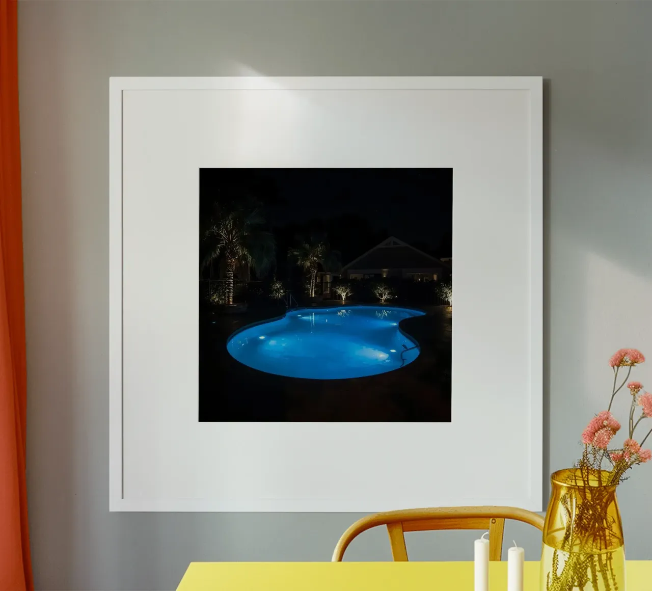Illuminated Swimming Pool at Night with Palm Trees and House poster by DesignDoodle