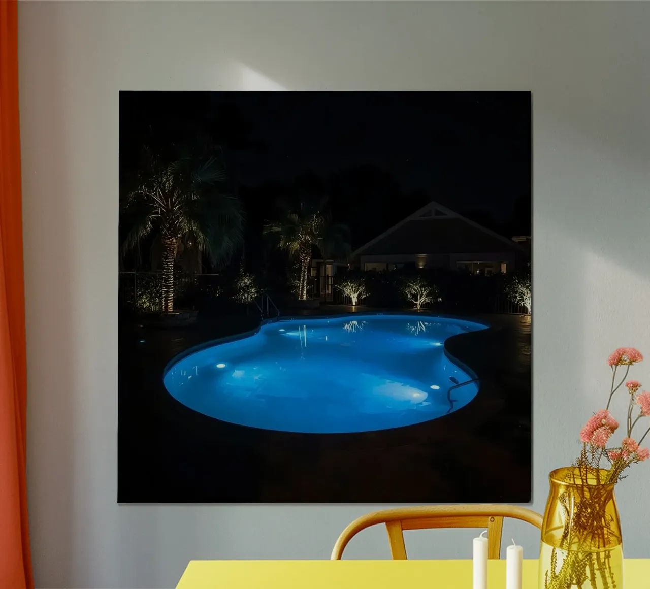 Illuminated Swimming Pool at Night with Palm Trees and House poster by DesignDoodle