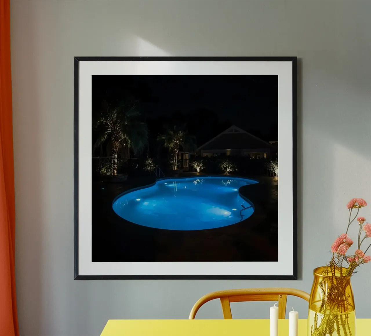Illuminated Swimming Pool at Night with Palm Trees and House poster by DesignDoodle
