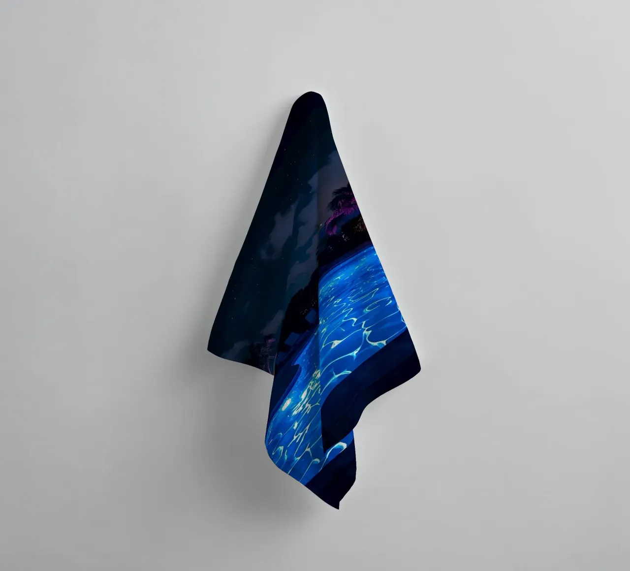Illuminated Swimming Pool at Night with Palm Trees towel by DesignDoodle