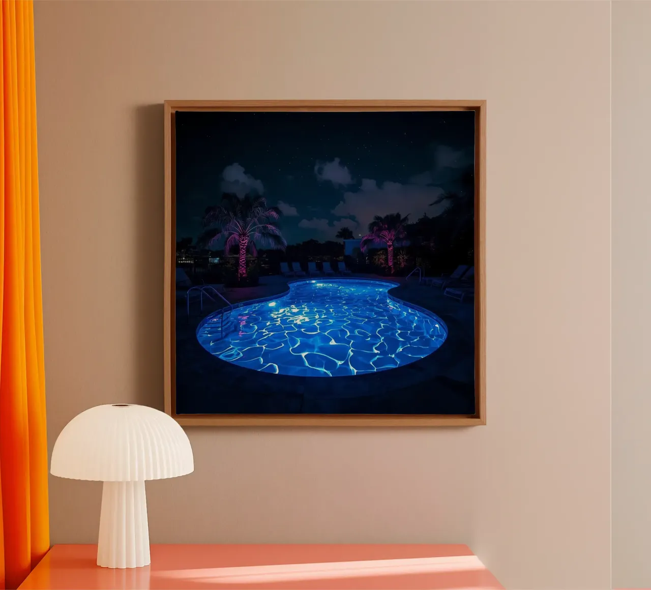 Illuminated Swimming Pool at Night with Palm Trees canvas with Floater frame by DesignDoodle