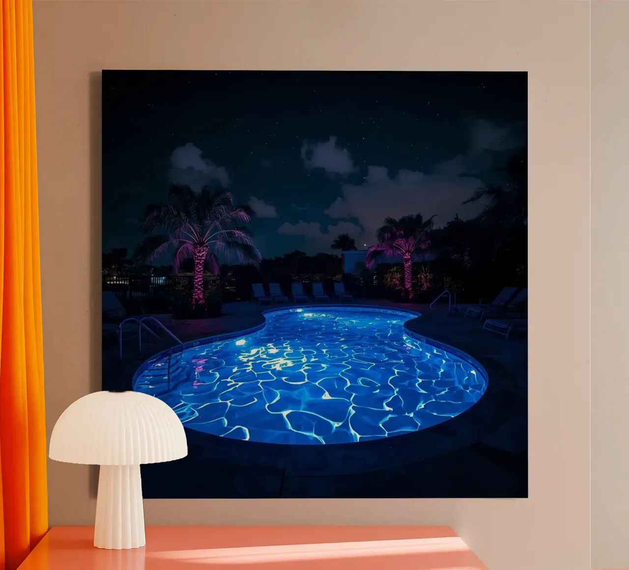 Illuminated Swimming Pool at Night with Palm Trees canvas with Floater frame by DesignDoodle