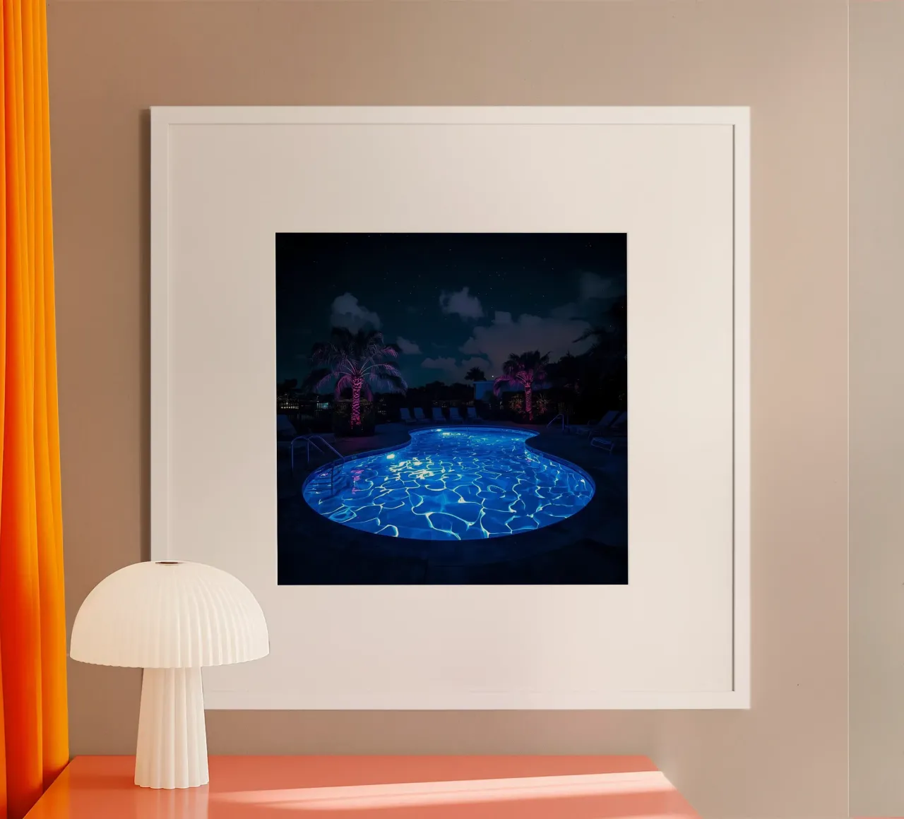 Illuminated Swimming Pool at Night with Palm Trees poster by DesignDoodle
