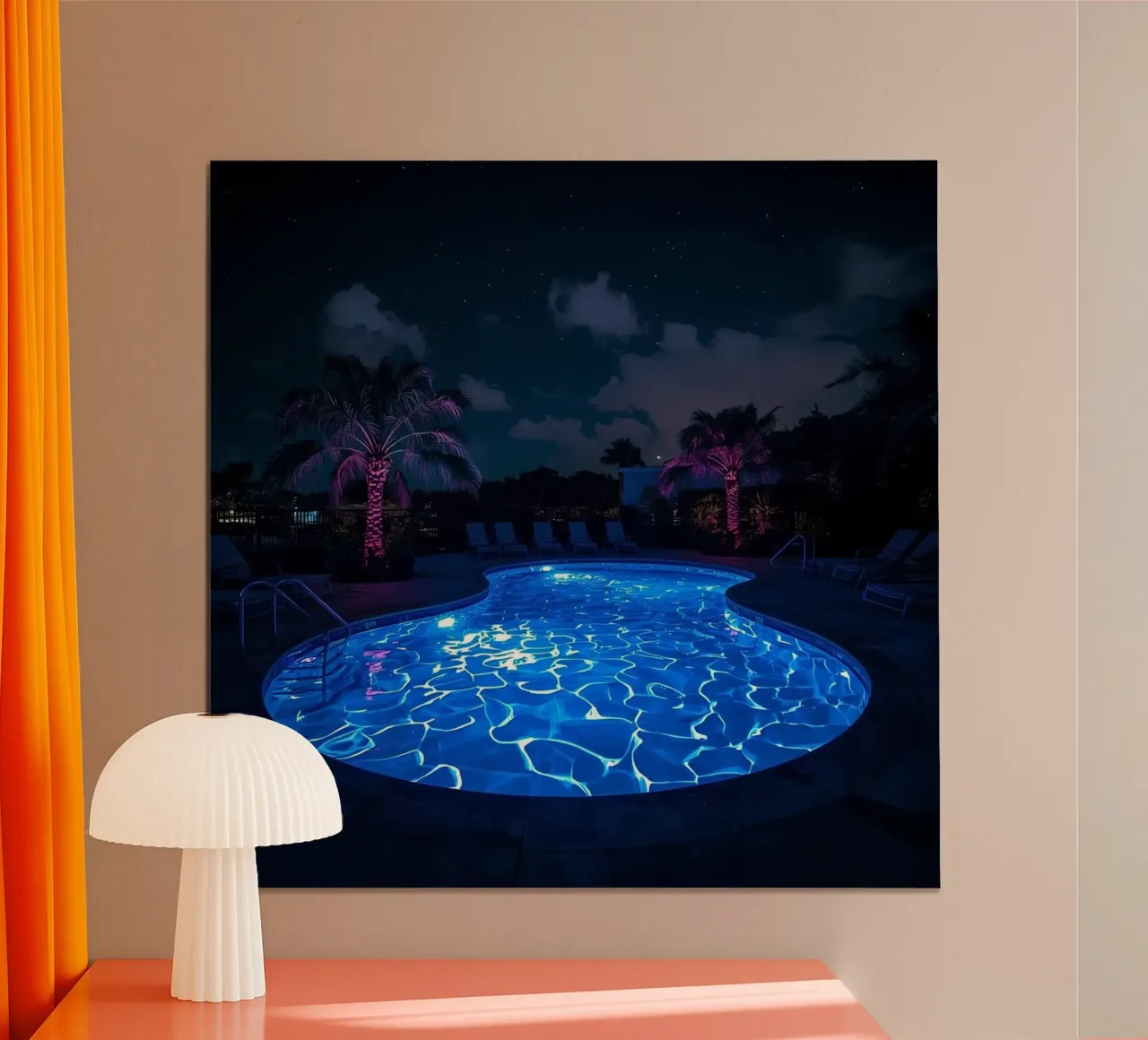 Illuminated Swimming Pool at Night with Palm Trees poster by DesignDoodle