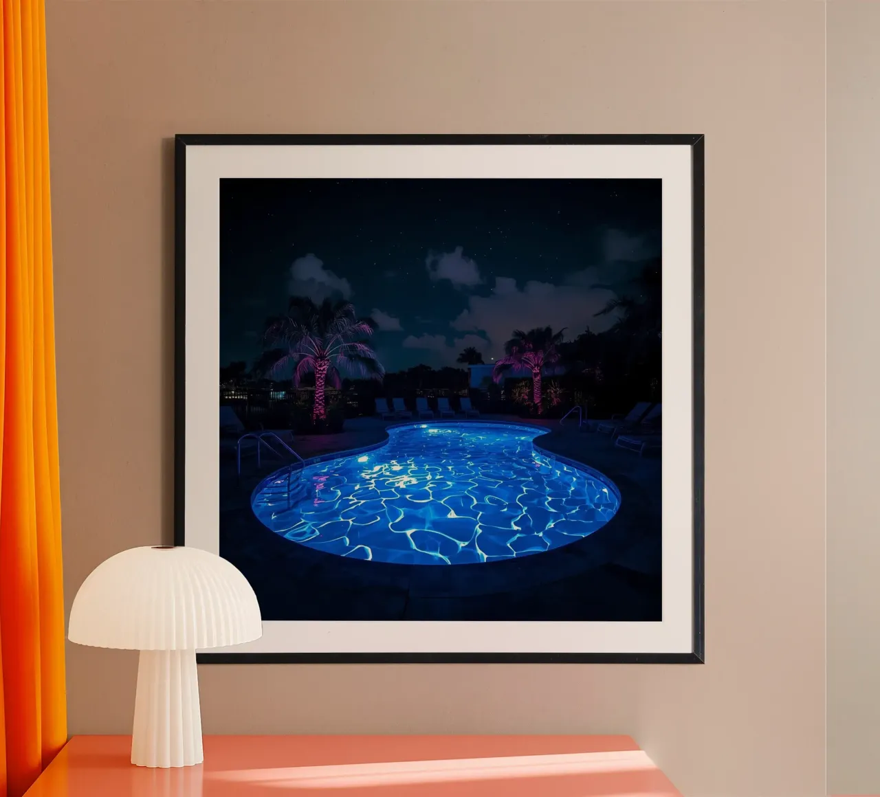 Illuminated Swimming Pool at Night with Palm Trees poster by DesignDoodle