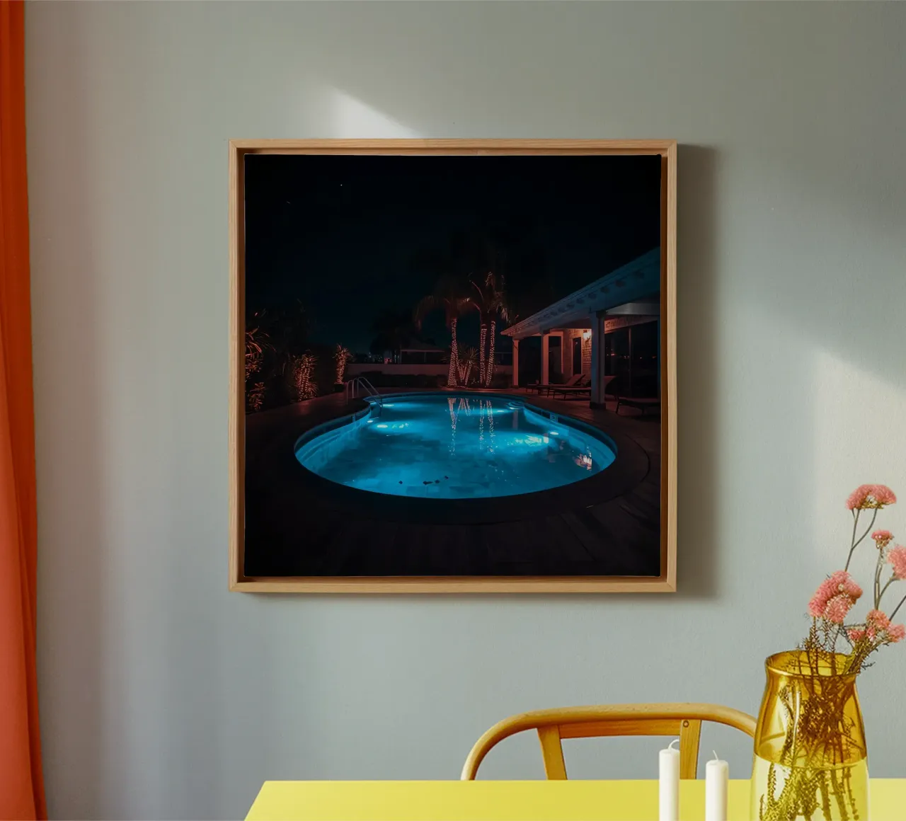 Illuminated Swimming Pool with Palm Trees canvas with Floater frame by DesignDoodle