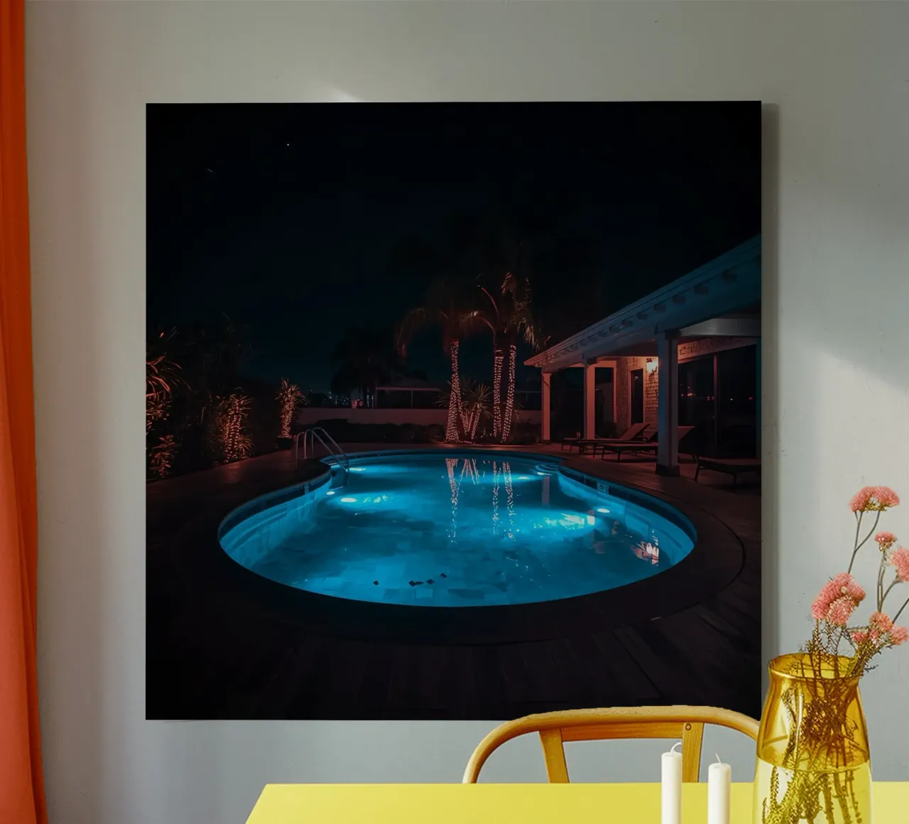 Illuminated Swimming Pool with Palm Trees canvas with Floater frame by DesignDoodle
