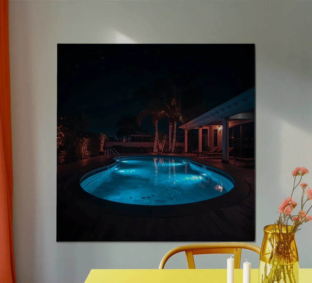 Illuminated Swimming Pool with Palm Trees poster by DesignDoodle