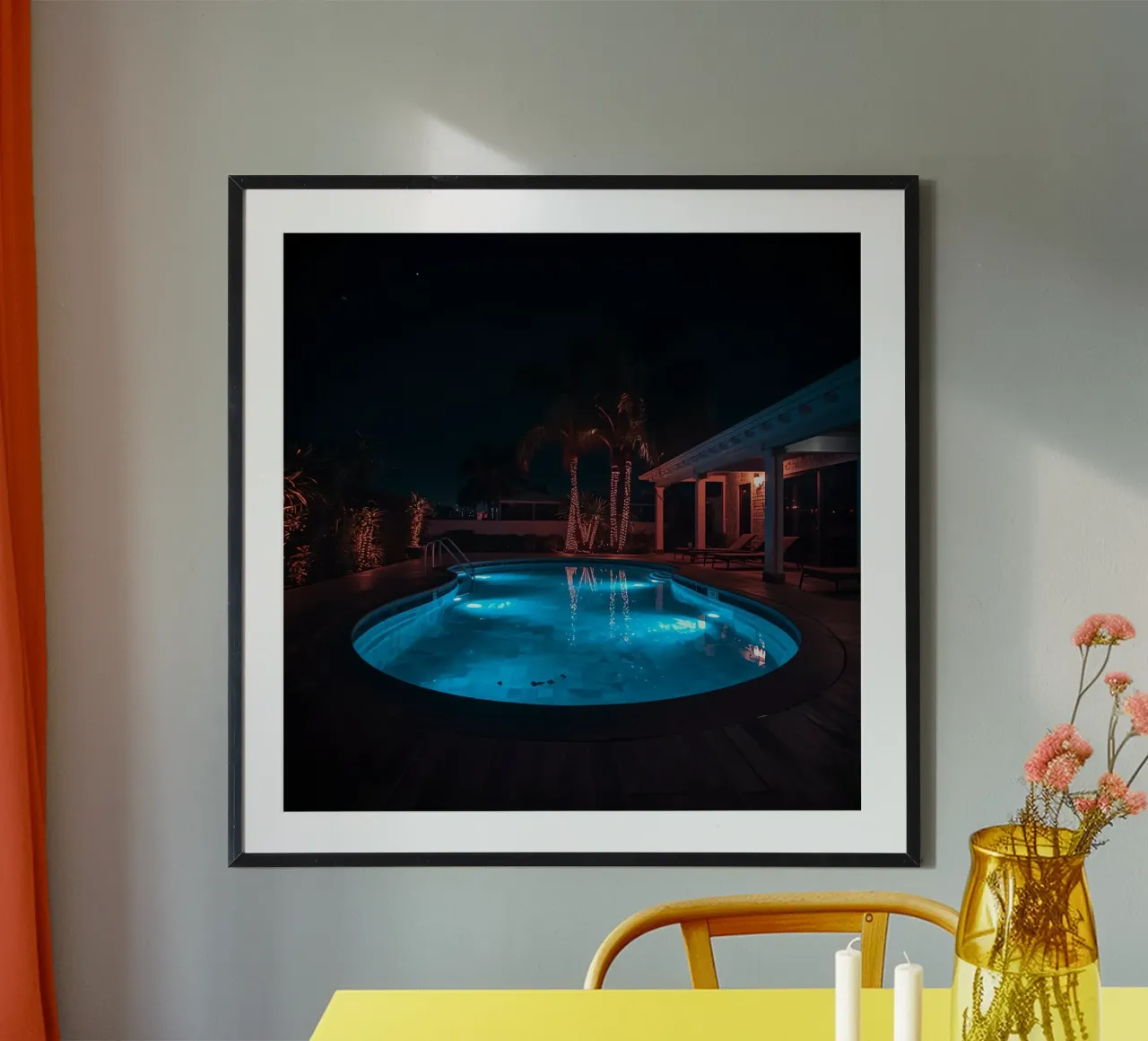 Illuminated Swimming Pool with Palm Trees poster by DesignDoodle