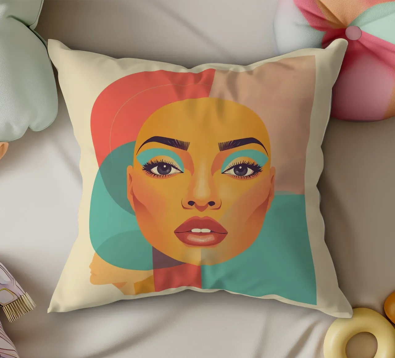 Ritratto illustrato di donna calva con forme geometriche cuscino da DesignDoodle