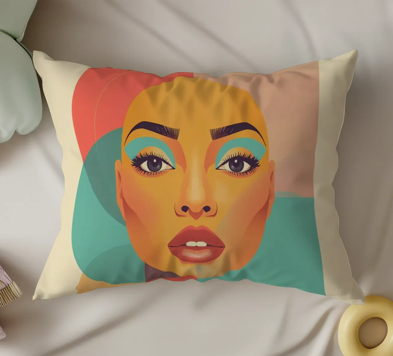 Ritratto illustrato di donna calva con forme geometriche cuscino da DesignDoodle