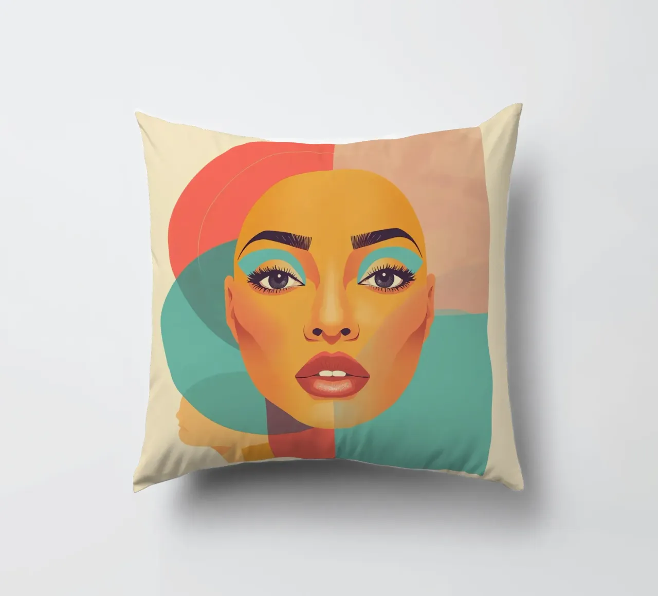 Ritratto illustrato di donna calva con forme geometriche cuscino da DesignDoodle