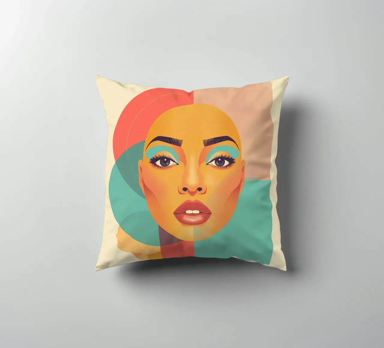 Ritratto illustrato di donna calva con forme geometriche cuscino da DesignDoodle