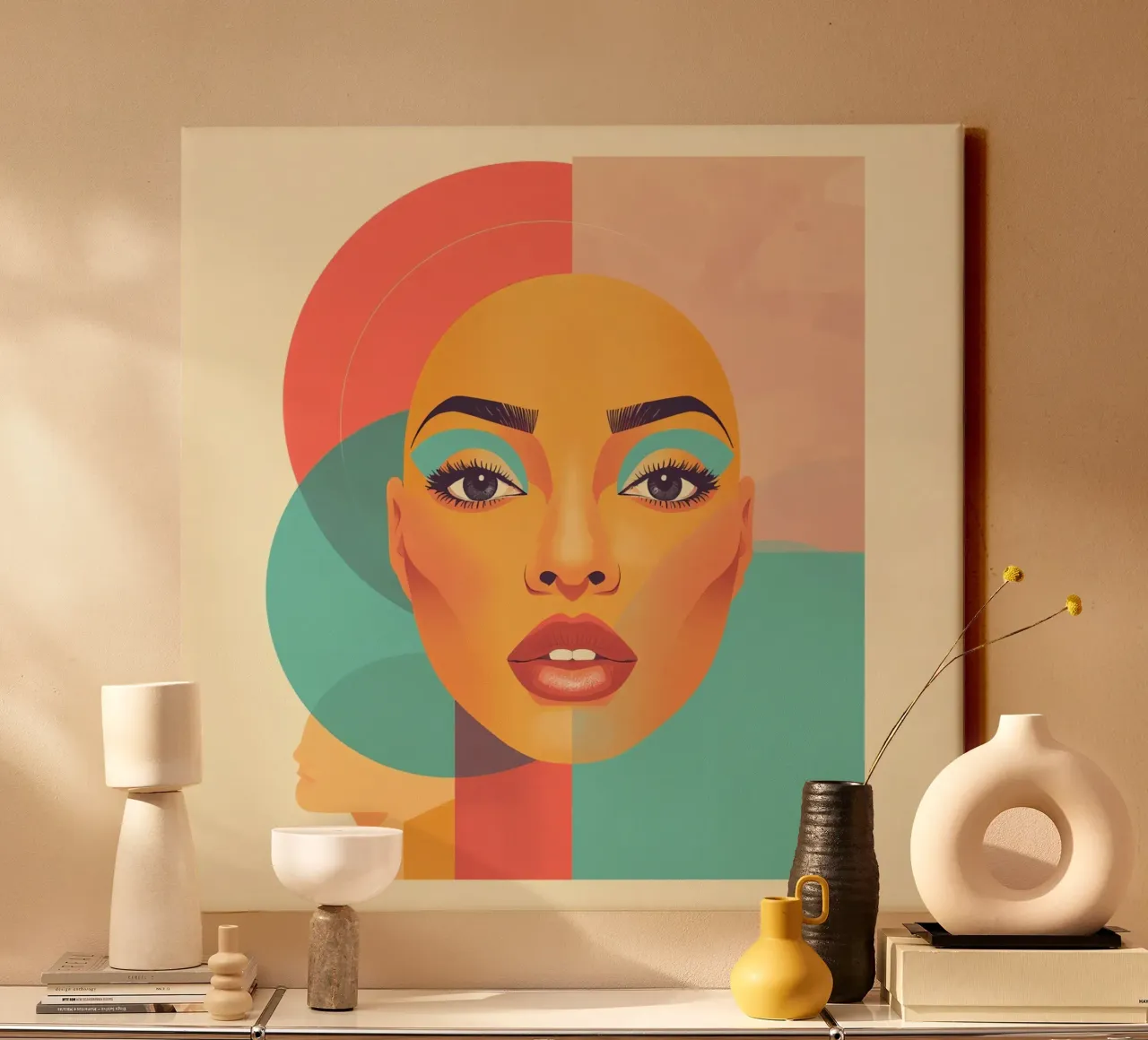 Ritratto illustrato di donna calva con forme geometriche tela con Cornice a cassetta da DesignDoodle