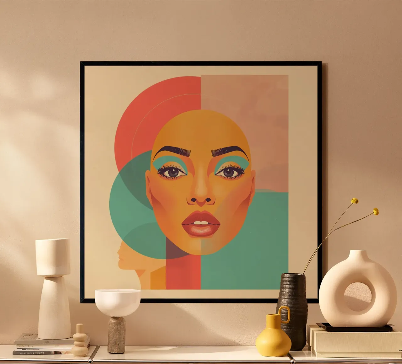 Ritratto illustrato di donna calva con forme geometriche poster con telaio in plastica da DesignDoodle