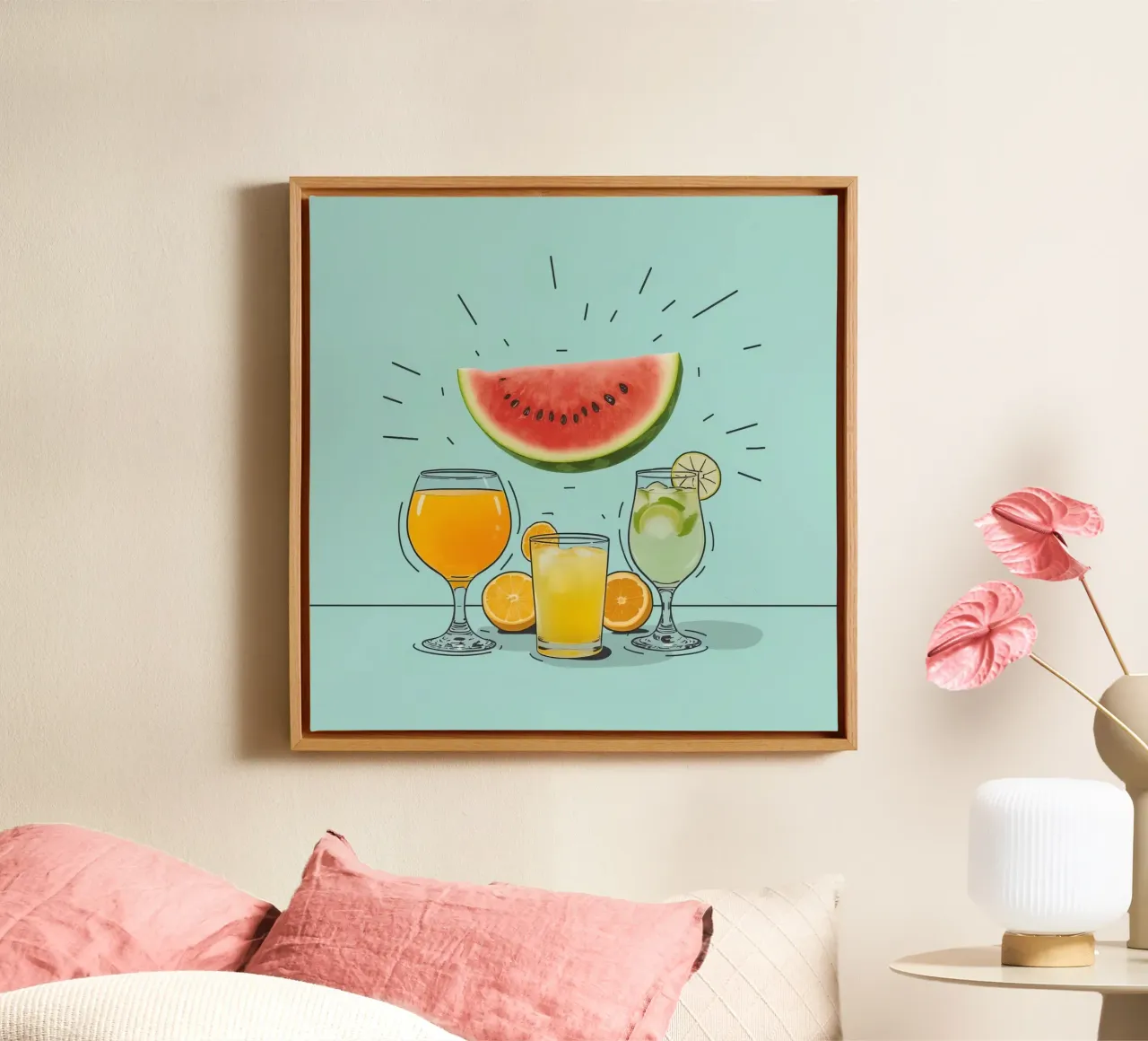 Illustration of Drinks and Fruit on Pale Blue Background canvas with Floater frame by DesignDoodle